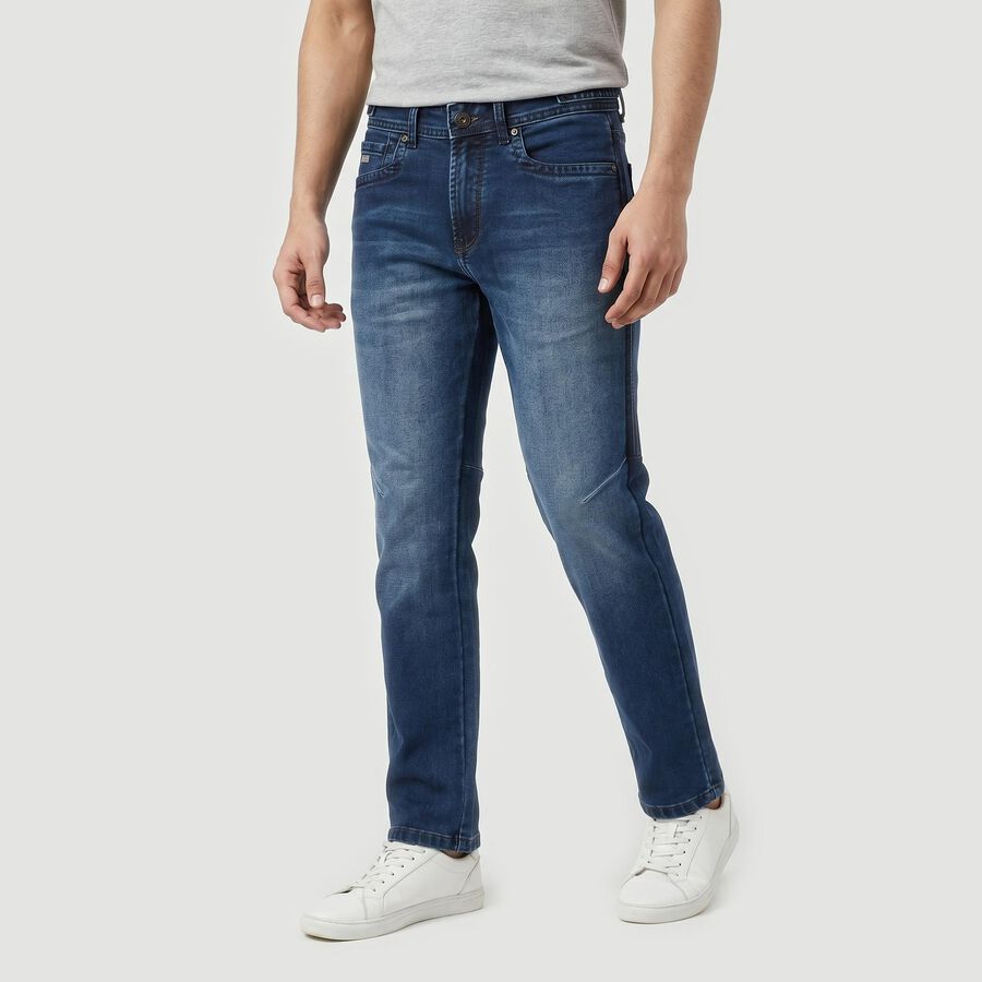 Men's Blue Slim Fit Washed Jeans, Dark Blue, large