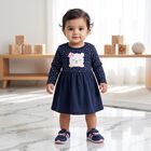 Infants' Navy Blue Fit and Flare Polka Dot Teddy Print Frock, नेवी ब्लू, small