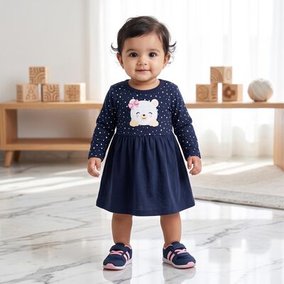 Infants' Navy Blue Fit and Flare Polka Dot Teddy Print Frock