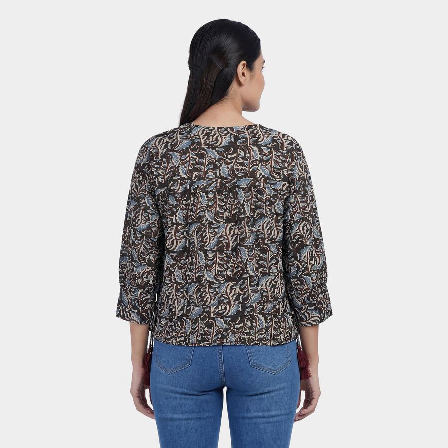Women's Brown Round Neck Floral Printed Kurti, भूरा, large