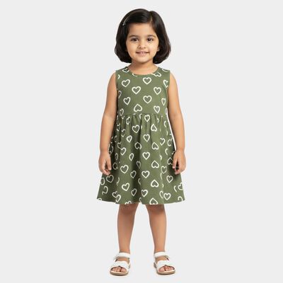 Girls' Olive Green Regular Fit Heart Printed Sleeveless Frock