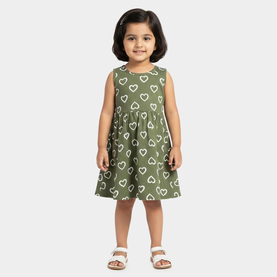 Girls' Olive Green Regular Fit Heart Printed Sleeveless Frock, हल्का हरा, large