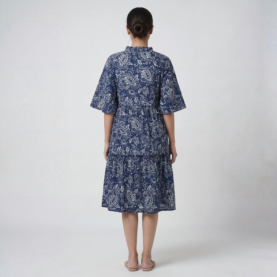 Women's Blue V-Neck Bohemian Dress, Navy Blue, large