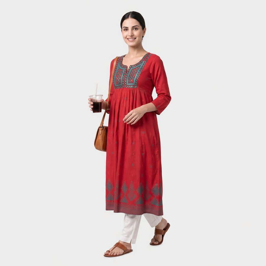 Women's Fuchsia Cotton Notch Neck Embroidered Kurta, Fuchsia, large
