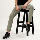 Men's Muted Olive Green Slim Fit Flat-Front Casual Trousers, Light Green, small