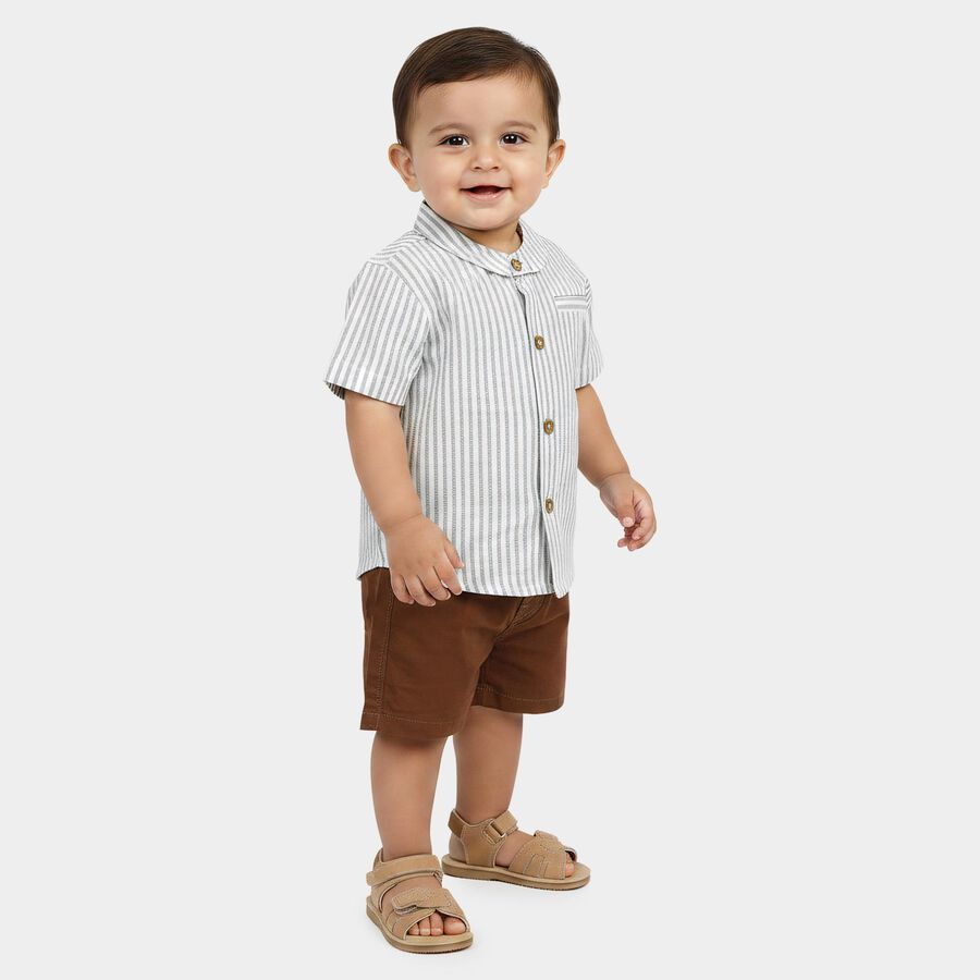 Infants' Beige 100% Cotton Mandarin Collar Striped Baba Suit, Beige, large
