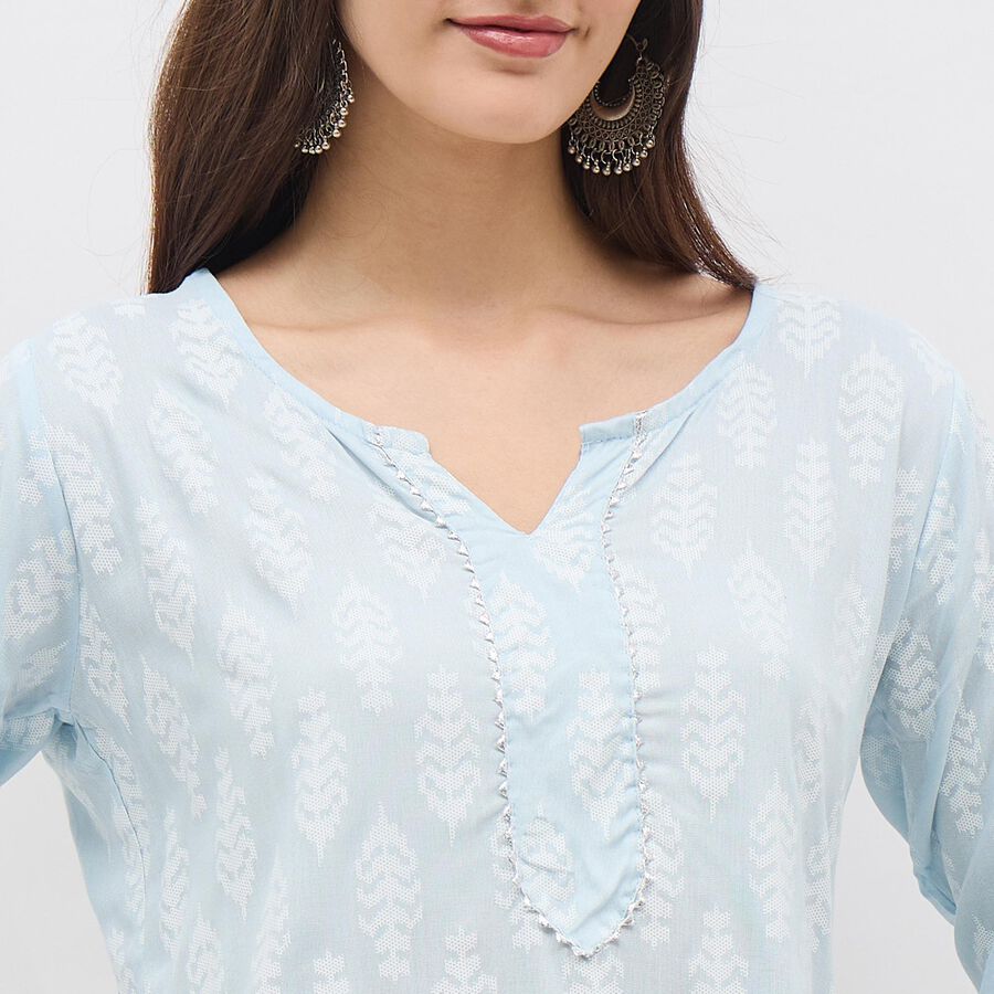 Women's Light Powder Blue V-Neck Printed Kurti, हल्का नीला, large image number null
