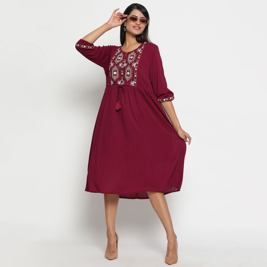 Embroidered Calf Length Dress, वाइन, large image number null