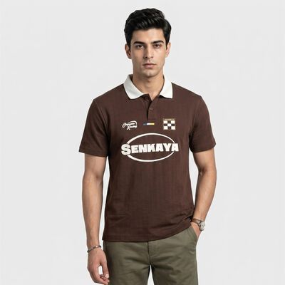 Men Brown Polo Neck Graphic Print T-Shirt