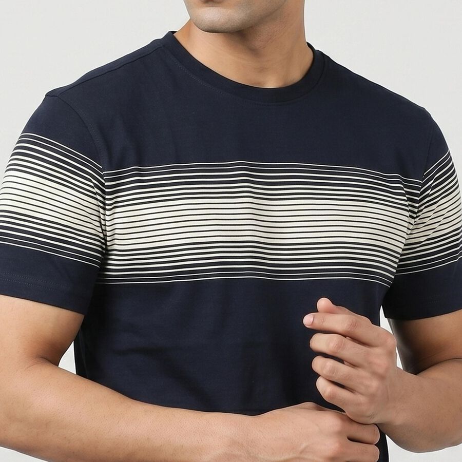 Men's Navy Blue Cotton Round Neck Striped Regular T-Shirt, नेवी ब्लू, large