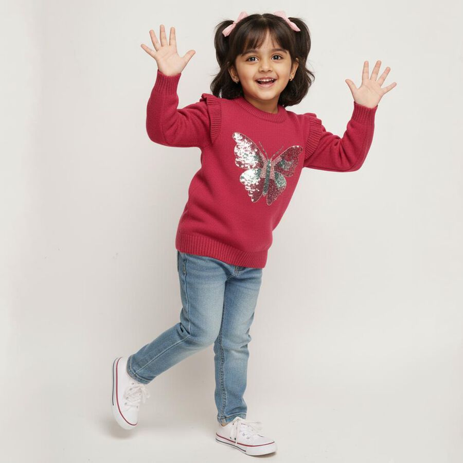 Girls Deep Raspberry Pink Crew Neck Casual Pullover, रानी (फ्यूशिया), large image number null