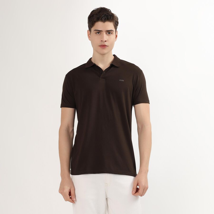 Men's Dark Brown Polo Neck Casual T-Shirt, खाकी, large