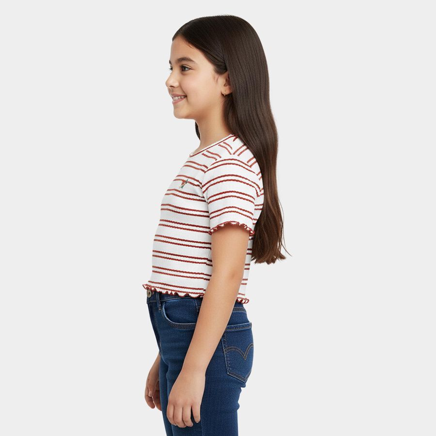 Girls Red Cotton Round Neck Casual T-Shirt, Red, large