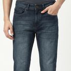 Men's Navy Blue Slim Fit Washed Jeans, गहरा नीला, small