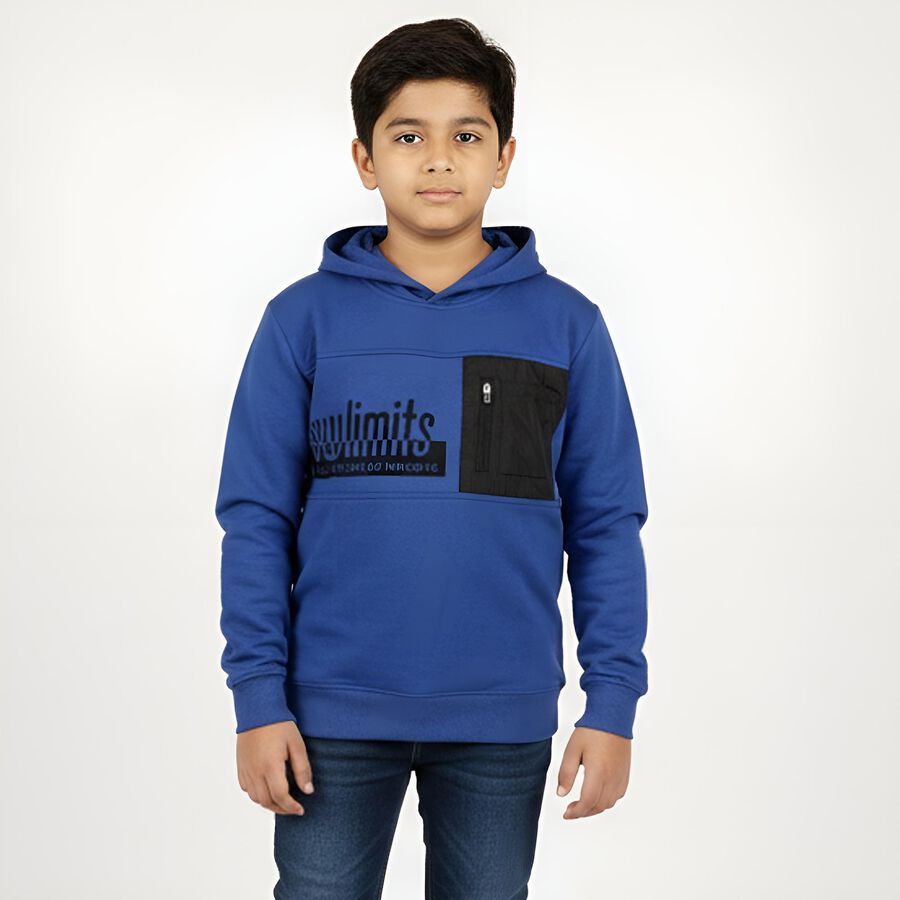 Boys Bright Royal Blue Hooded Neck Casual Sweatshirt, मध्यम नीला, large image number null