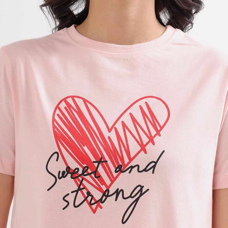 Women's Light Pink Round Neck Graphic Print T-Shirt, Light Pink, large