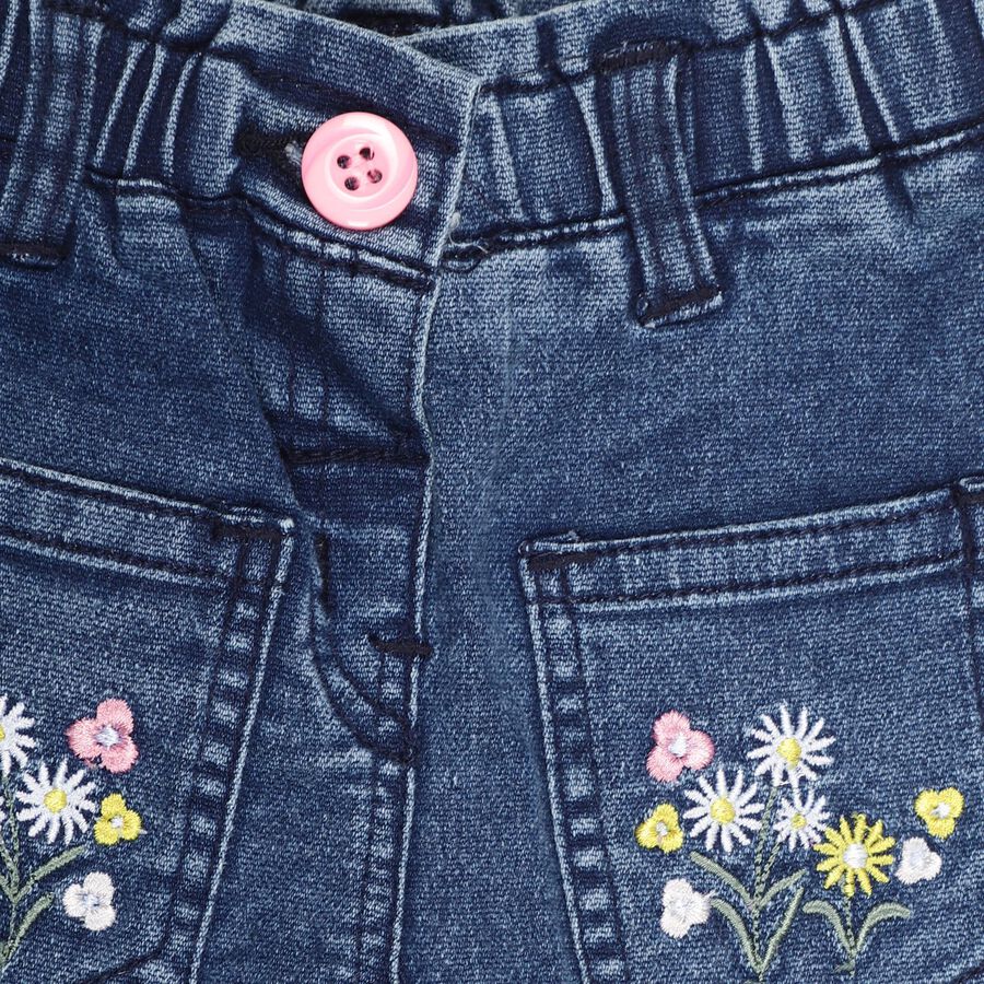 Infants' Stonewashed Blue Elasticated Jeans With Floral Embroidery, Dark Blue, large image number null