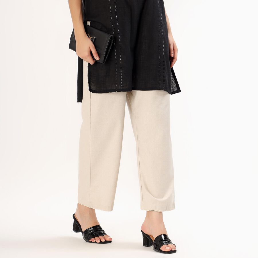 Women's Soft Beige Relaxed Fit Crochet Trim Palazzos, Beige, large image number null