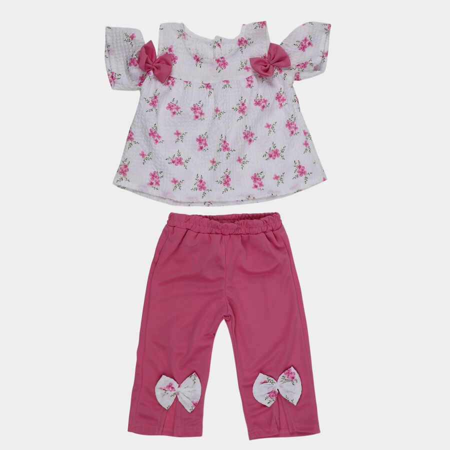 Girls' Pink Round Neck Cold Shoulder Floral Top and Capri Set, Light Pink, large