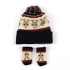 Infants Navy Blue and Cream Reindeer Print Winter Cap, नेवी ब्लू, small image number null