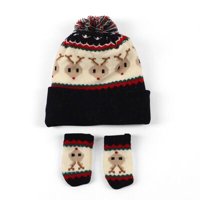 Infants Navy Blue and Cream Reindeer Print Winter Cap