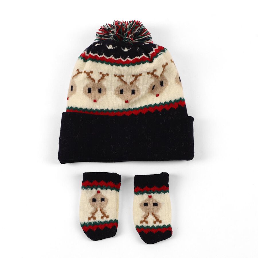 Infants Navy Blue and Cream Reindeer Print Winter Cap, नेवी ब्लू, large image number null