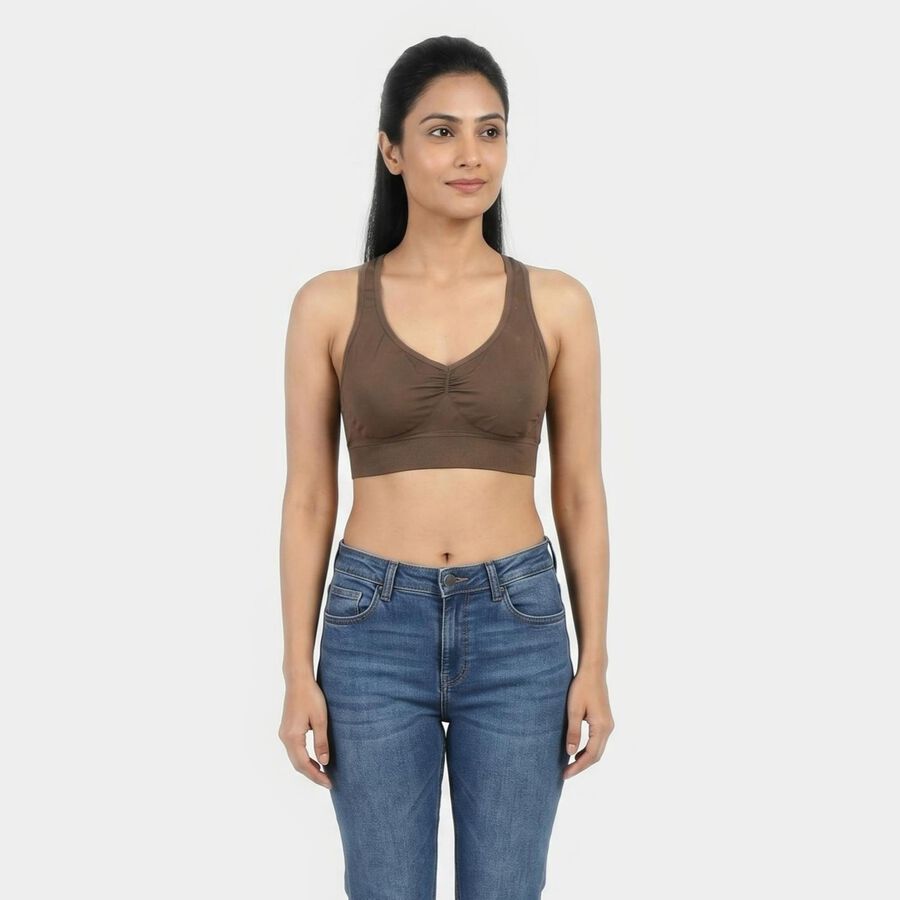 Women's Brown Sleeveless Athleisure Sports Bra, Brown, large