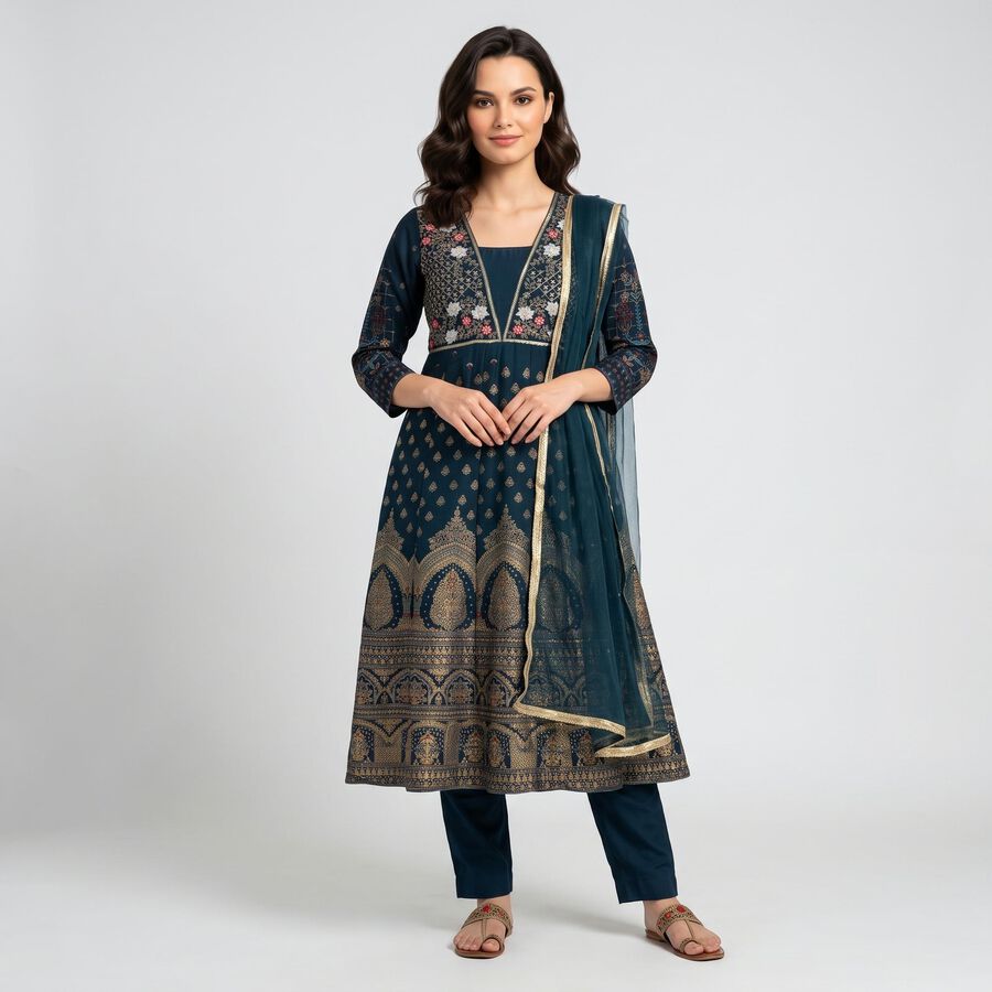Women's Teal Embroidered Ethnic Set, Teal Blue, large