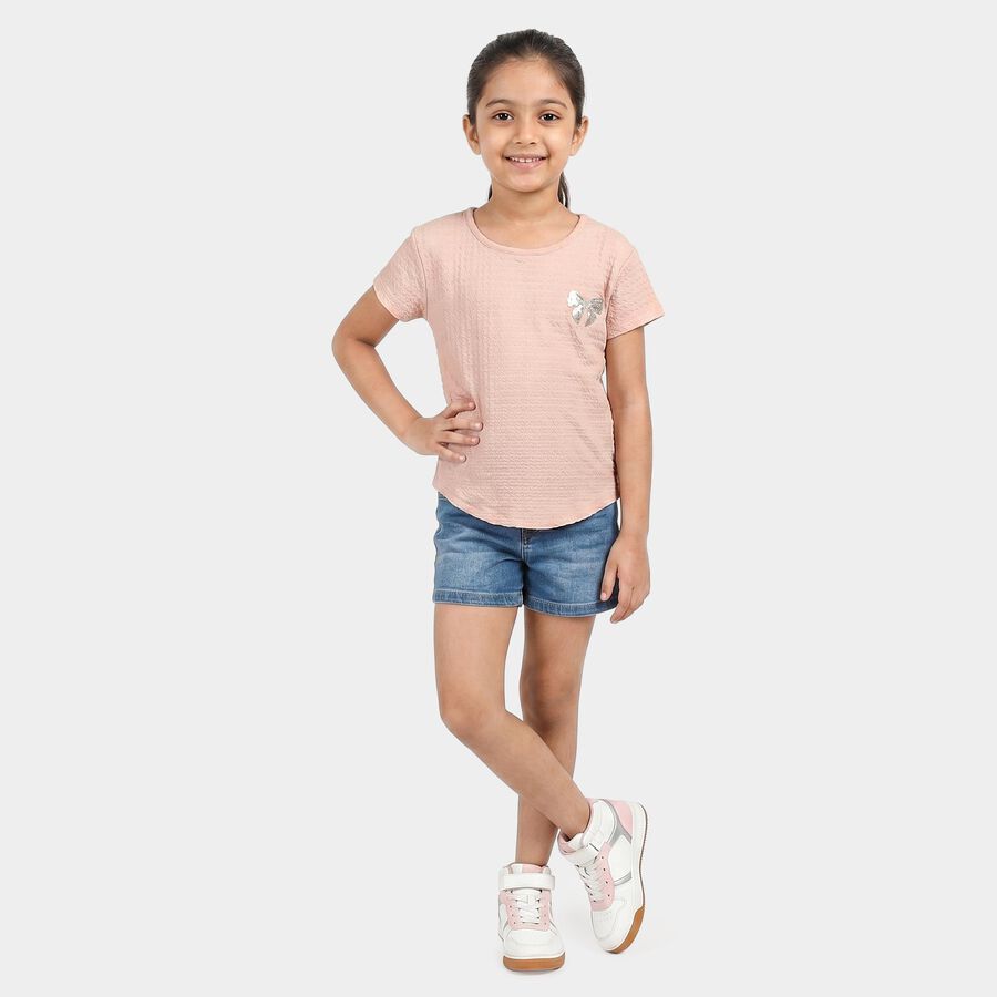 Girls Peach Round Neck Regular T-Shirt, पीच, large