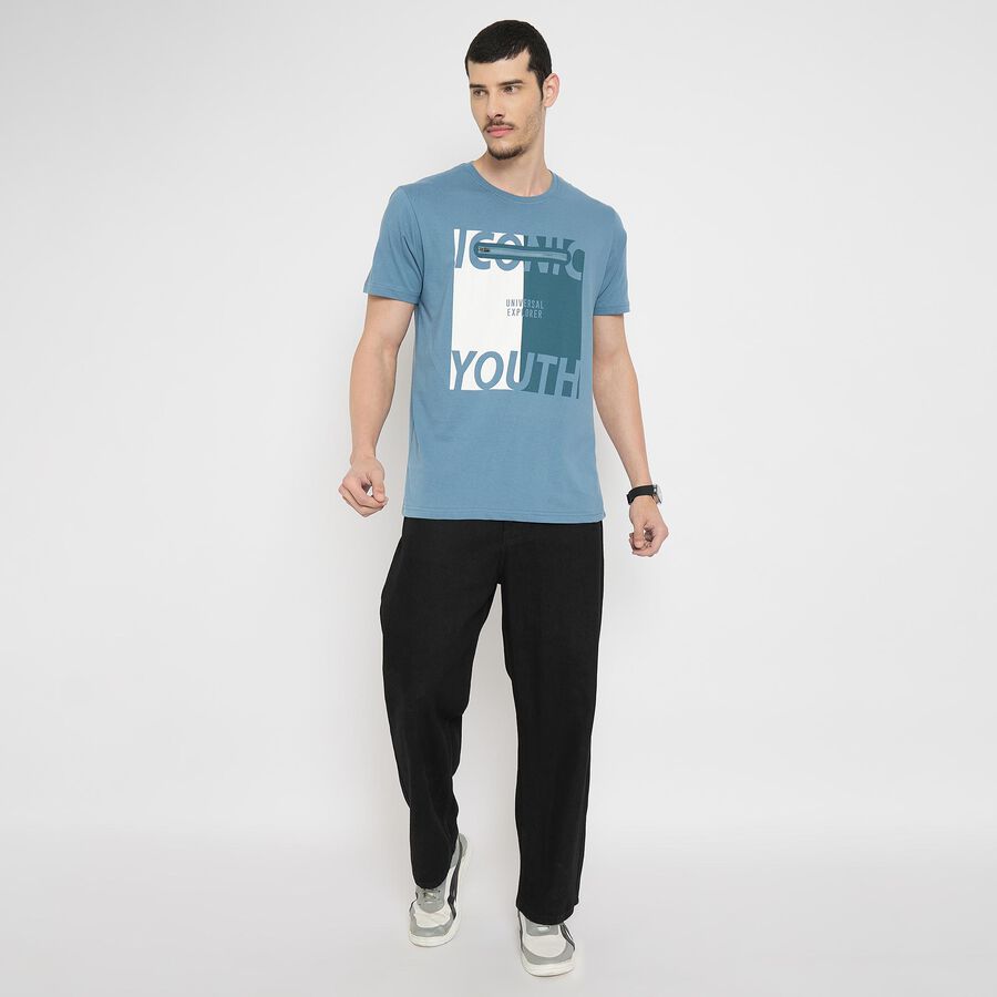Men's 100% Cotton Round Neck Half Sleeves T-Shirt , मध्यम नीला, large