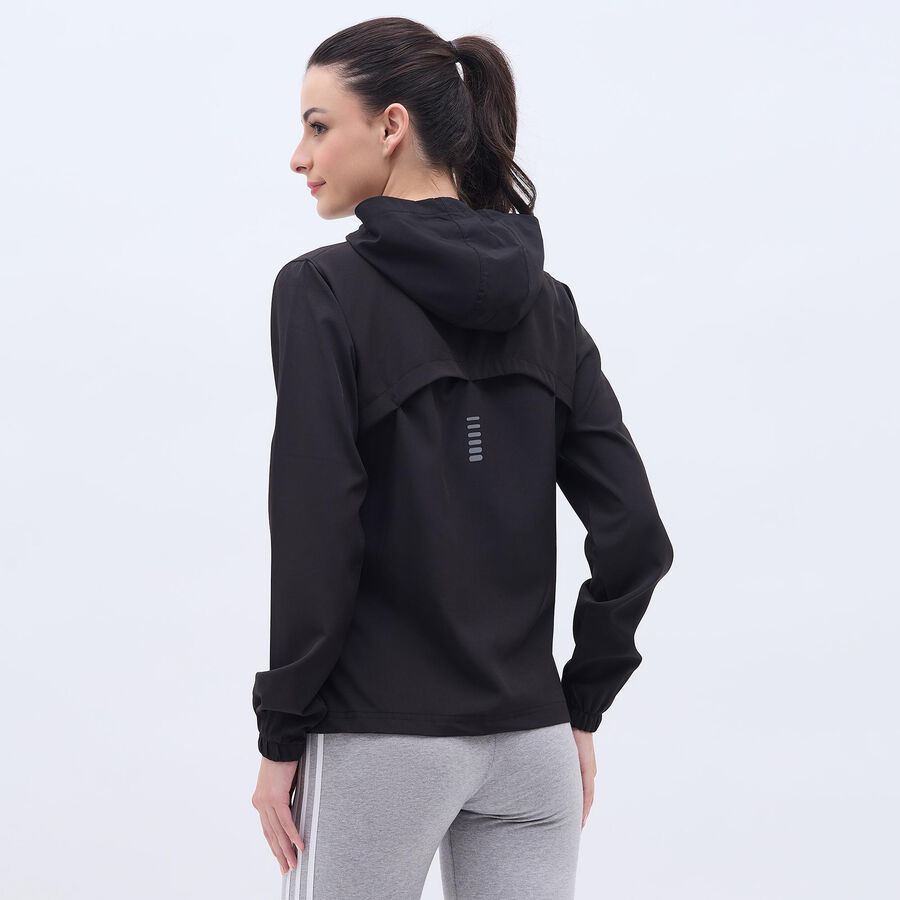 Women's Jet Black Hooded Athleisure Jacket, काला, large image number null