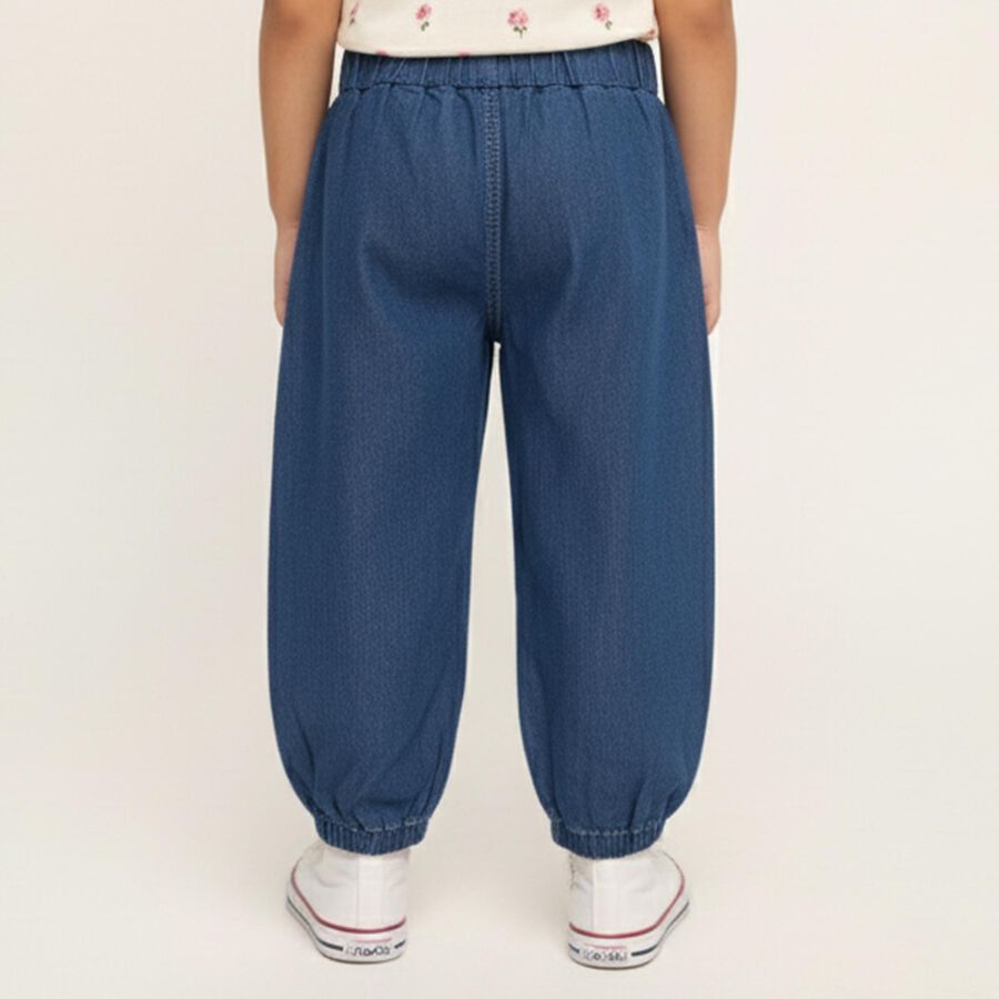 Girls' Deep Blue Relaxed Fit Lace Trim Jeans, मध्यम नीला, large image number null