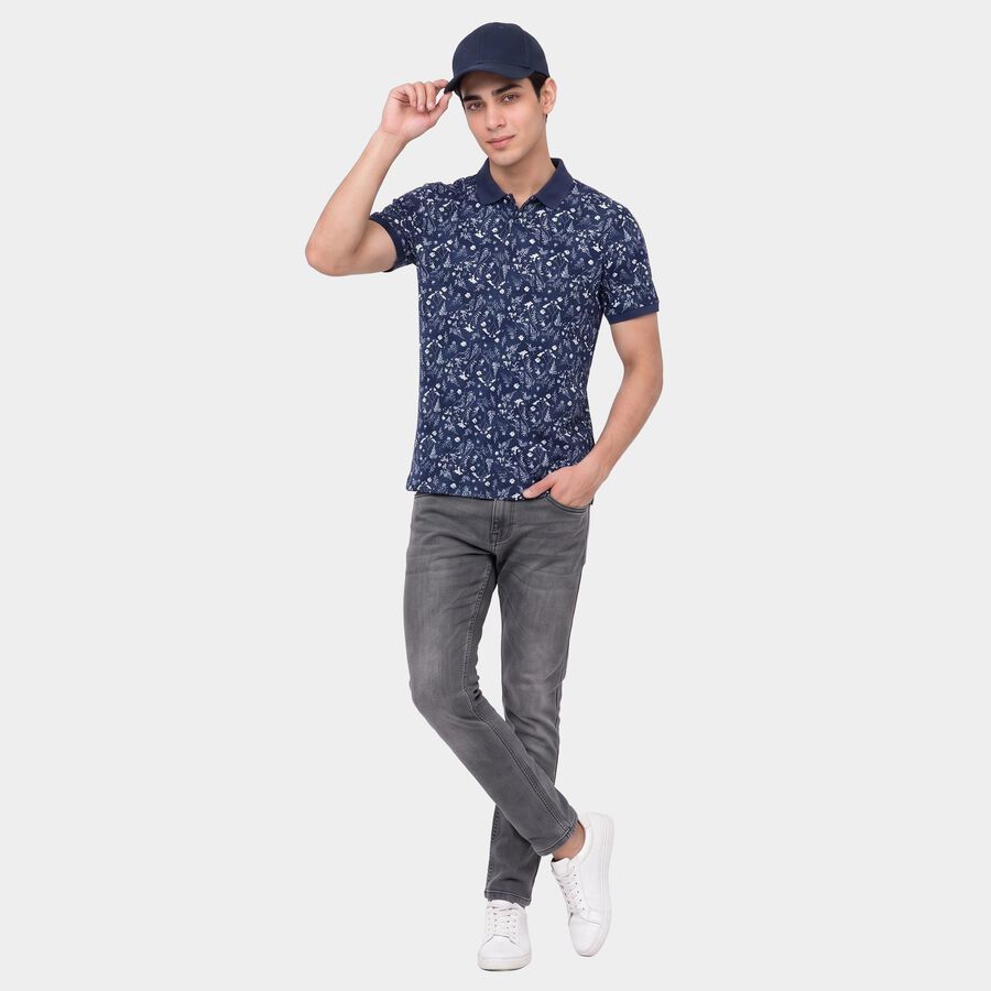 Men's Navy Blue Cotton Polo Neck Floral Printed T-Shirt, Navy Blue, large