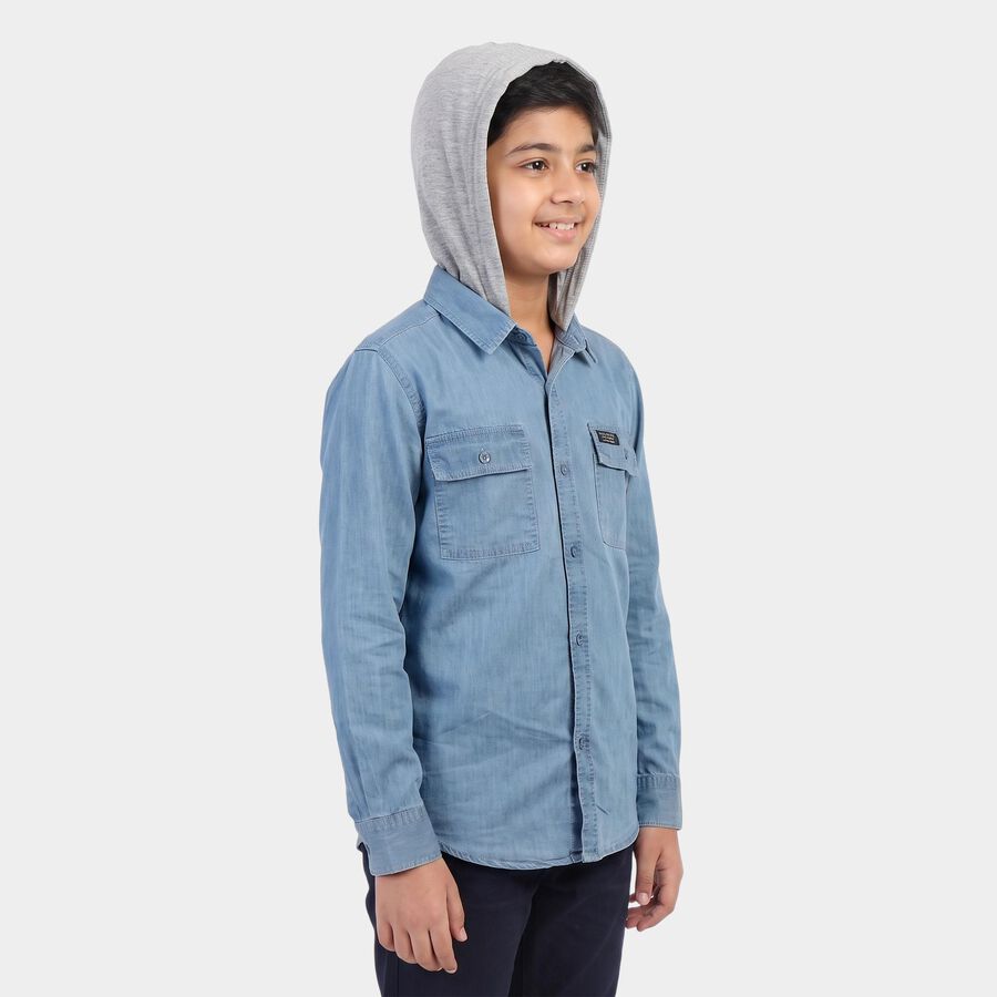 Boys' Light Blue Hooded Casual Shirt, Light Blue, large