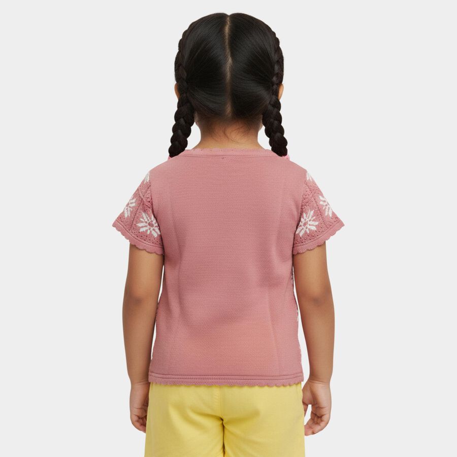 Girls' Pink Round Neck Floral Printed T-Shirt, हल्का गुलाबी, large