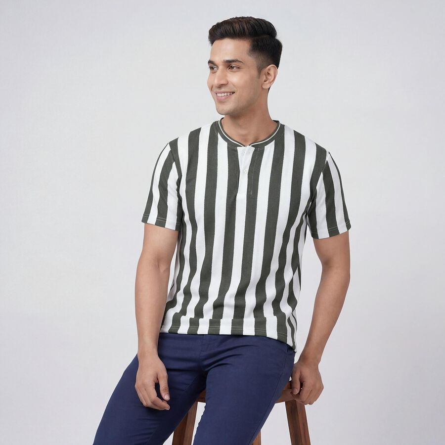 Men's Olive Henley Neck Casual T-Shirt, Olive, large