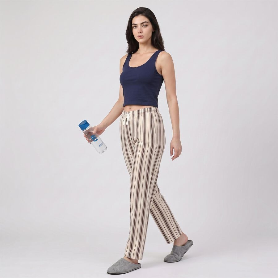 Women's Brown Straight Fit Striped Lounge Pyjama, Brown, large