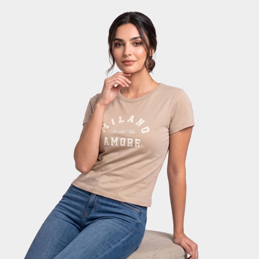 Women's Beige Cotton Round Neck Regular T-Shirt, Beige, large