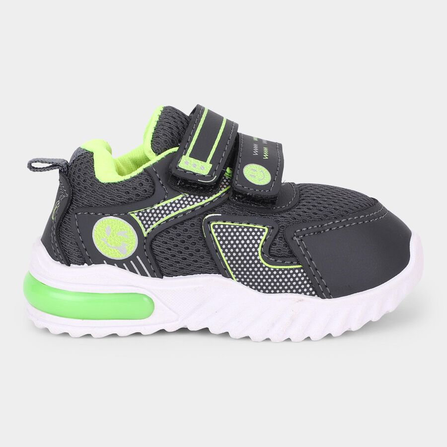 Boys Dark Charcoal Black and Neon Green Velcro Casual Sneakers, Grey, large image number null