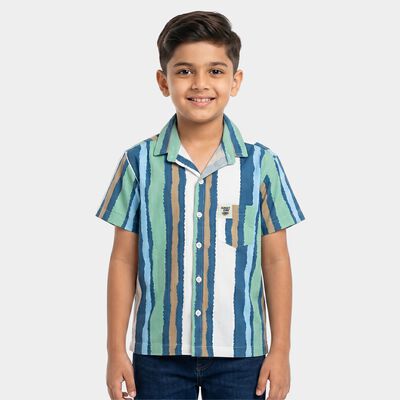 Boys' Green Cotton Camp Collar Casual Shirt