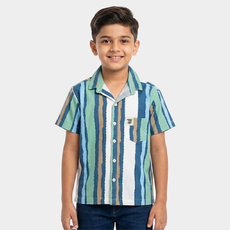 Boys' Green Cotton Camp Collar Casual Shirt, Light Green, large