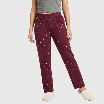 Women's Wine Straight Fit Heart Printed Pyjama