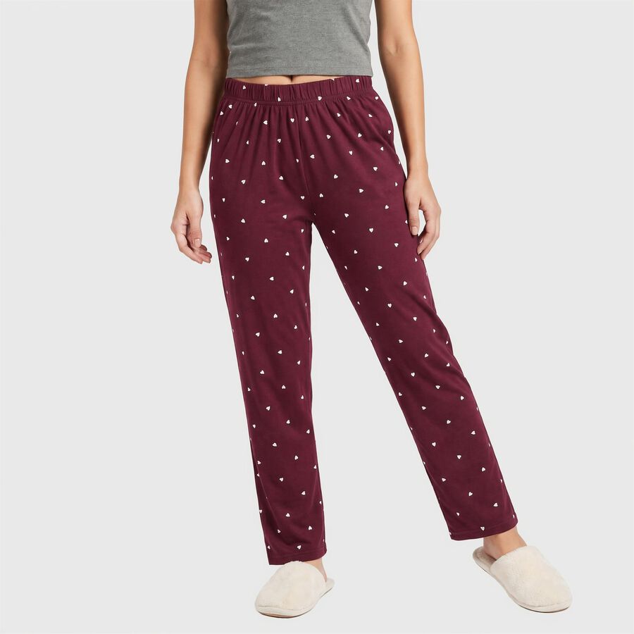 Women's Wine Straight Fit Heart Printed Pyjama, वाइन, large