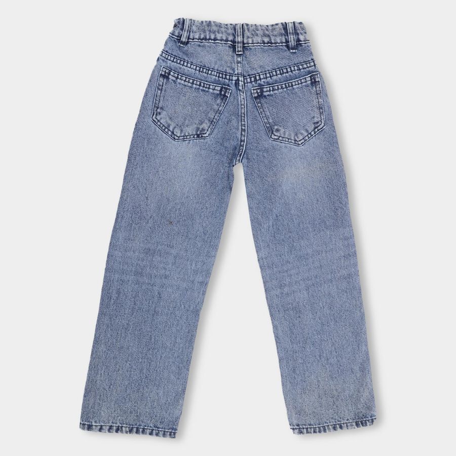 Girls' Stonewashed Blue Wide Leg Buttoned Jeans, Mid Blue, large image number null