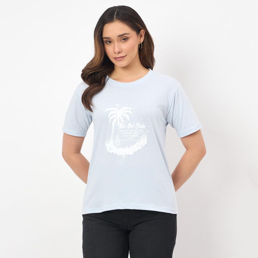 Women's Light Blue Round Neck Casual T-Shirt, Light Blue, large