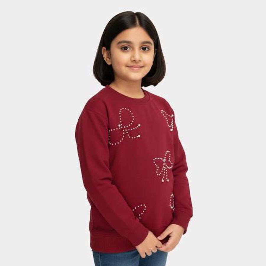 Girls Deep Burgundy Crew Neck Casual Sweatshirt, वाइन, large image number null