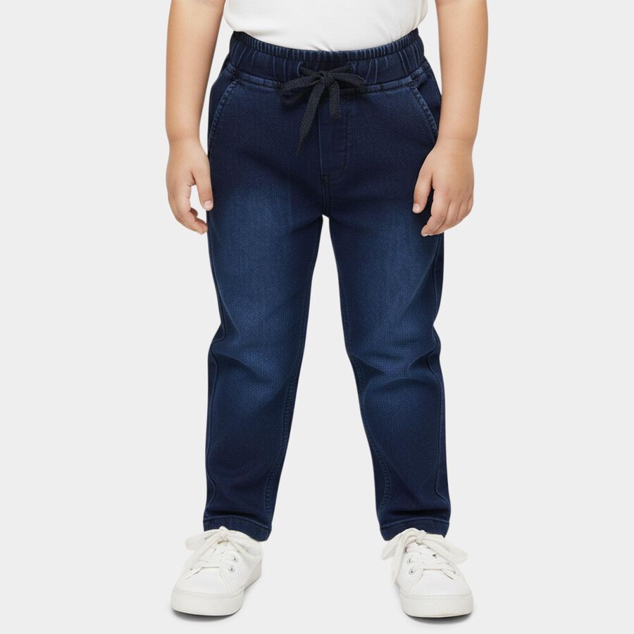 Boys' Navy Blue Regular Fit Drawstring Jeans, Mid Blue, large