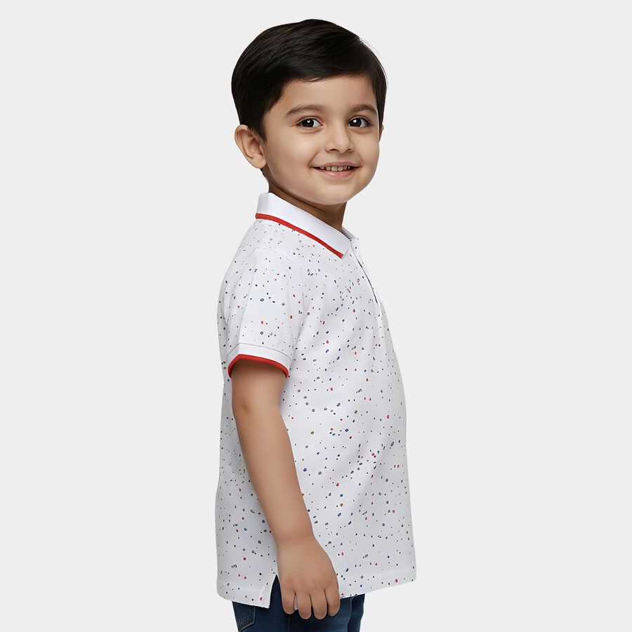 Boys' White Cotton Polo Neck Confetti Printed T-Shirt, White, large