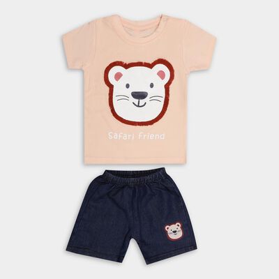 Baby Boy Peach Cotton Round Neck Cartoon Print Baba Suit