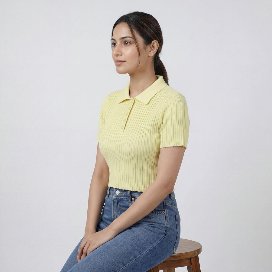 Women's Yellow Cotton Round Neck Casual Top, पीला, large